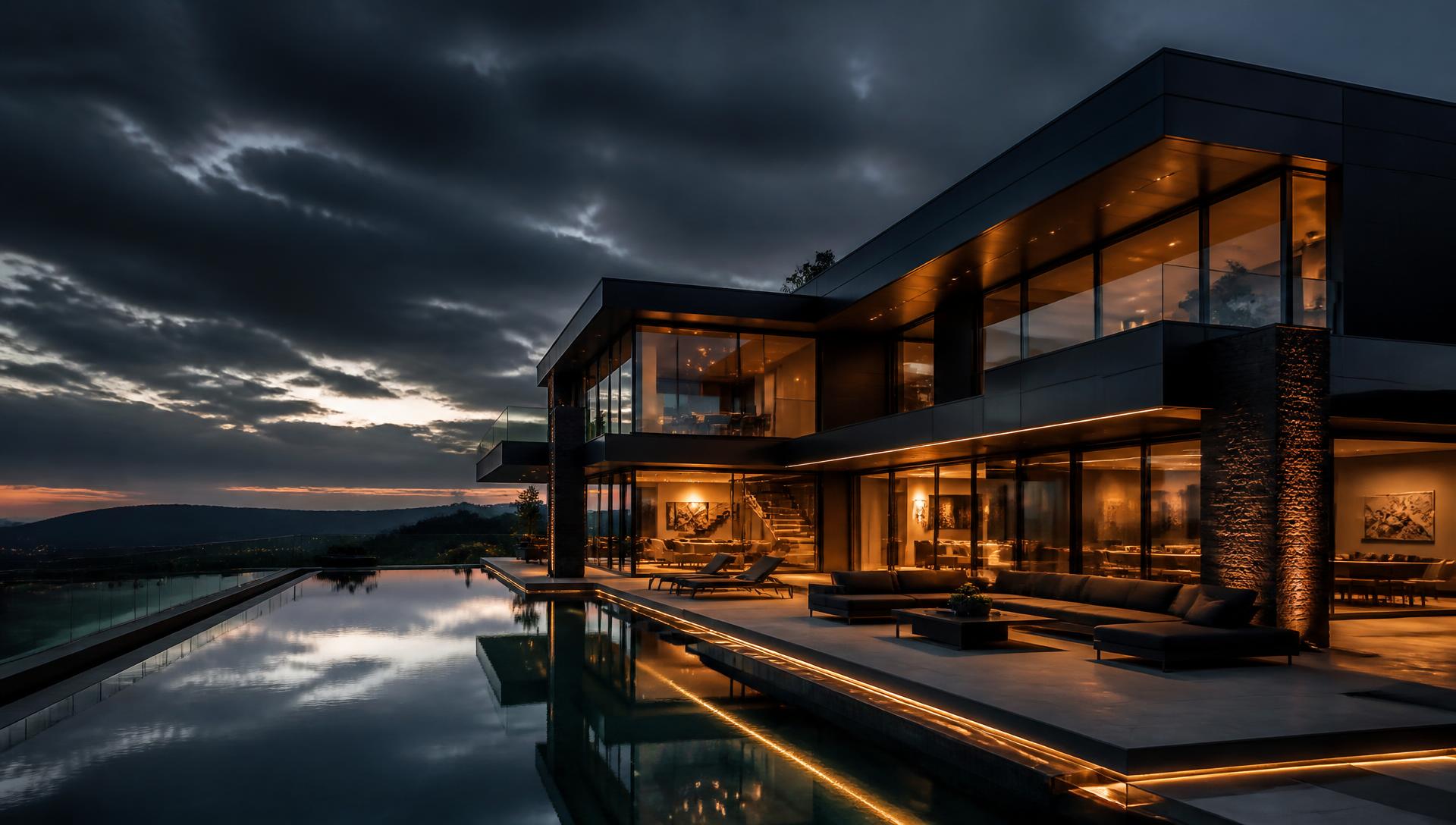 Cinematic twilight exterior of a modern luxury villa with infinity pool